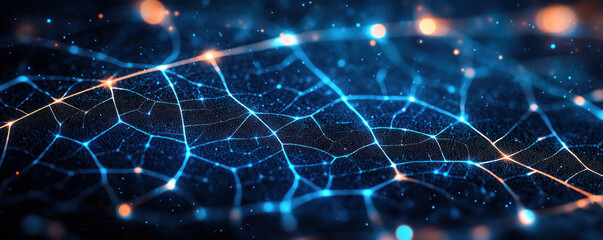 Poster - A blue and orange background with a pattern of lines and dots. The image is abstract and has a futuristic feel to it