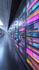 Poster - A long hallway with many computer monitors on the wall. The monitors are colorful and have a futuristic look to them. Scene is one of technology and innovation