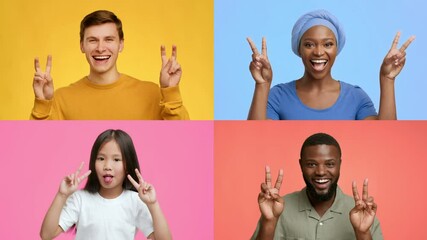Poster - This lively collection features happy individuals from various backgrounds expressing joy with V gestures. Their colorful attire and bright backgrounds enhance the positive atmosphere of achievement.