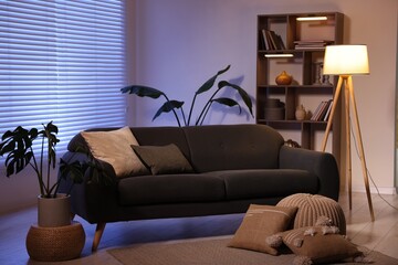 Poster - Stylish living room with comfortable sofa and wooden shelving unit in evening. Interior design