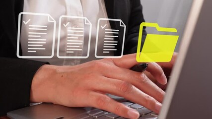 Poster - Archiving concept. A woman typing on a laptop with a yellow folder icon and document icons.