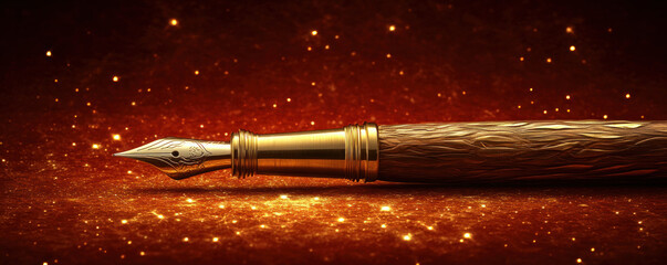 Poster - A gold pen with a gold nib sits on a red background. The pen is surrounded by a lot of glitter, giving the image a shiny and luxurious feel. The combination of the gold pen