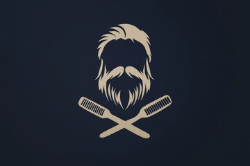 Poster - Stylized beard logo featuring crossed scissors and comb on flat dark background for barbershop branding and identity