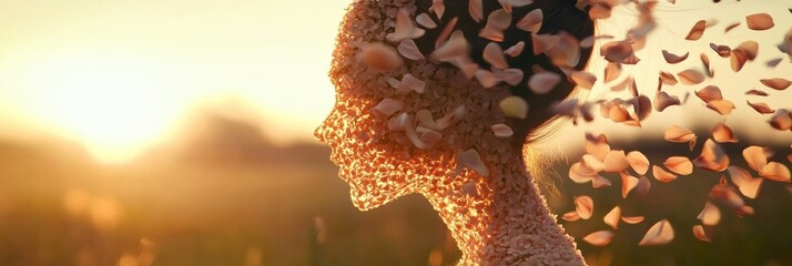 Poster - Wind whirls flower petals into a human form at sunset, capturing the essence of natures gentle movement