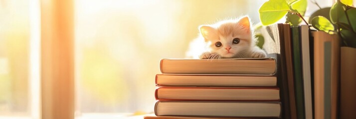 Poster - Cozy reading atmosphere with a stack of books and small animals peeking out in warm afternoon light