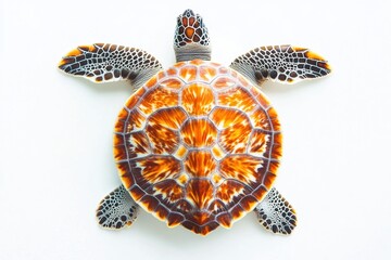 Poster - Turtle with intricate patterned shell on minimalist white background captures the essence of marine life from a top-down perspective