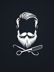 Poster - Stylized beard logo featuring crossed scissors and comb on a flat dark background for barber shop branding