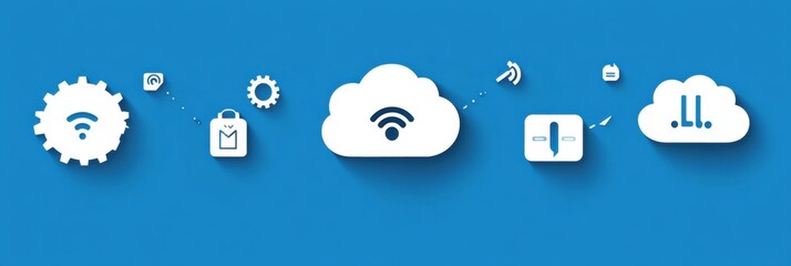 Leinwandbilder - Tech pictogram stickers featuring wifi signal, cloud icons, gear symbols, and battery indicators on a blue background showcase modern connectivity