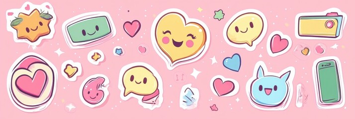Poster - Y2K sticker set featuring glitter effects, hearts, smileys, cellphones, and text bubbles on a soft pink background for nostalgic decoration