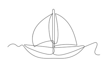 Poster - Sea boat vector one line drawing outline vector art illustration continuous one line icon drawing on white background.