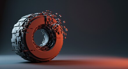 Poster - Abstract 3D Render of a Disintegrating Ring Structure with Geometric Fragments, Futuristic Design, Technology Theme