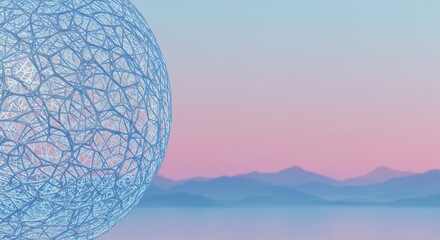 Poster - Abstract Sphere against Pastel Sunset Mountainscape: A Dreamy Digital Art Piece