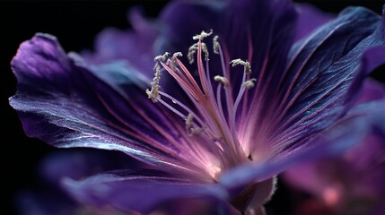 Wall Mural - Close-up view of a vibrant purple flower's intricate center.