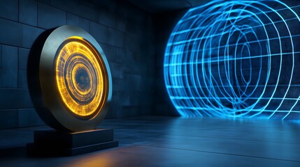 Poster - A futuristic circular interface with a glowing blue grid in a dark room