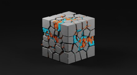 Poster - Abstract 3D Render of a Shattered Cube with Vivid Cyan and Orange Accents on a Dark Background