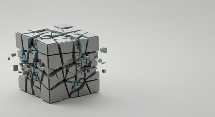 Poster - Shattered Cube Abstract 3D Render: Grey Geometric Structure Exploding into Fragments Against a White Background