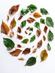 Aufkleber - Swirling motion of green and brown leaves creates a vibrant spiral on a white background during autumn