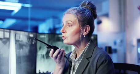 Poster - Night, woman or radio in control room for security, protection service or communication for report. Late, mature guard or tech in office for surveillance, contact and building safety update with CCTV