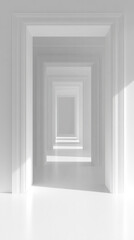 Poster - A long hallway with white walls and white doors. The hallway is empty and the doors are closed