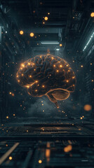 Poster - A brain is lit up with bright lights and surrounded by a dark background. The brain is surrounded by a lot of sparks, giving it a futuristic and otherworldly appearance