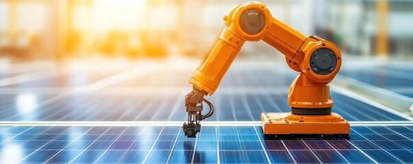 Poster - A robot is digging into a solar panel. The robot is orange and is in a factory. The robot is digging into the solar panel to check its condition