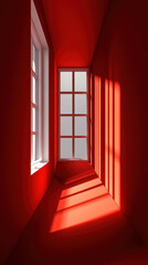 Poster - A red hallway with two windows on either side. The windows are covered with white blinds, and the room is illuminated by sunlight. The red walls and the white blinds create a warm