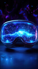 Poster - A pair of blue virtual reality goggles with a blue background. The goggles are illuminated and appear to be in a futuristic setting