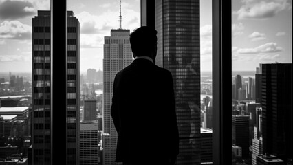 Aufkleber - A silhouetted figure gazes at a cityscape through a window. The scene showcases business acumen and contemplation, symbolizing aspiration and urban life. The building's interior contrasts with the spr