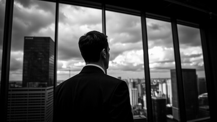 Aufkleber - A person, seen from behind, gazes out a window. The person is dressed in a business suit, and the view includes a cityscape with tall buildings and a cloudy sky.