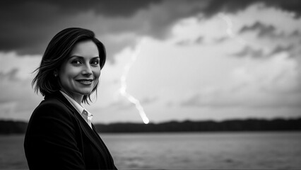 Poster - Smiling woman in a blazer confidently poses in front of a dramatic, stormy sky. Lightning flashes over the water in the background. Dark clouds fill the scene.