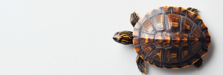 Poster - Top-down view of a turtle showcasing its unique patterned shell on a minimalist white background