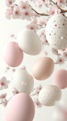 Poster - A bunch of eggs are floating in the air above a tree with pink blossoms. The eggs are of different sizes and colors, creating a playful and whimsical atmosphere. Concept of joy and celebration