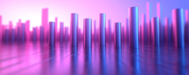 Poster - A cityscape with tall buildings and a pink and purple background. The buildings are made of metal and are arranged in a way that creates a sense of depth and perspective