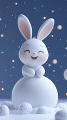 Poster - A cute rabbit is sitting on a snow ball. The rabbit is smiling and he is happy