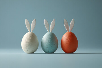 Poster - Three small eggs with white and blue and orange bunny ears. The eggs are arranged in a row on a blue background