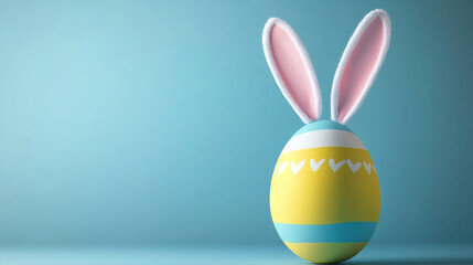 Poster - A yellow and blue egg with pink ears sits on a blue background. The egg is decorated with hearts and is the center of attention