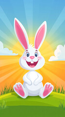 Poster - A cartoon rabbit is sitting in a field with a bright sun in the background. The rabbit is smiling and he is happy