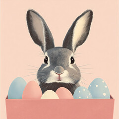 Poster - A rabbit is looking at the camera with a basket of eggs in front of it. The rabbit is the main focus of the image, and the eggs are placed in a basket to create a sense of curiosity and playfulness