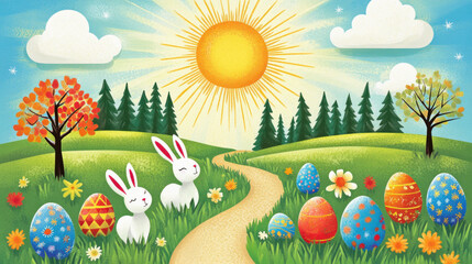 Poster - A cartoon drawing of a sunny day in a field with two rabbits and a path. The rabbits are laying down in the grass and there are many colorful eggs scattered throughout the scene