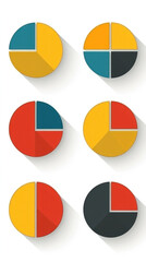 Poster - A set of six pie charts with different colors and sizes. The pie charts are arranged in a row and are all different shades of red, yellow, and blue