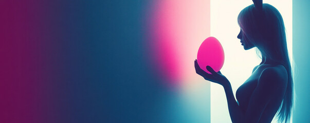 Poster - A woman is holding a pink egg in her hand. The egg is surrounded by a blue background