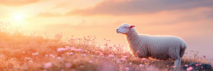 Aufkleber - Soft sheep resting on a hill surrounded by flowers during a serene Lapki spring sunset