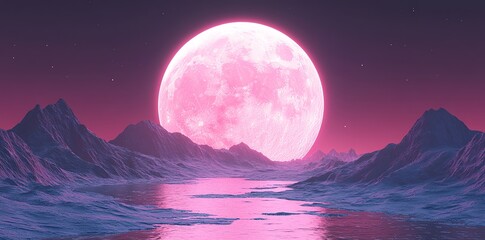 serene mountains and a calm lake reflect a giant pink moon in a night scene. perfect for fantasy or 