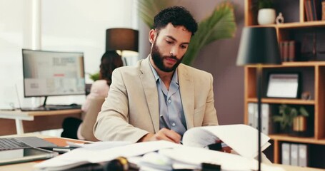 Fototapete - Documents, lawyer and business man in office reading for case study, contract review and policy. Professional, law firm and paralegal with paperwork for information, research and legal strategy