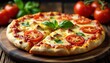 © Phennapha - Sizzling pizza with melted cheese and fresh tomatoes on a wooden cutting board, pizza slice, cheese, toppings