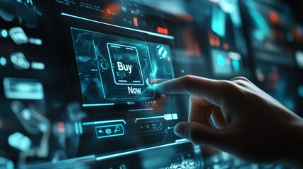 Close-up of finger clicking Buy Now button on a futuristic interface screen