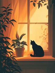 Aufkleber - Warm indoor window with cat silhouette and plants, creating a peaceful atmosphere in soft pastel light during the golden hours of daylight