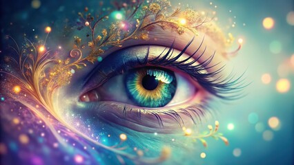 Wall Mural - a close-up of an enchanting eye adorned with luminous, golden floral accents