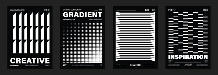 Aufkleber - Abstract monochrome poster background vector set. Modern cover template with black and white perspective geometric prism shape, halftone dot, line. Ideal design for social media, banner, ads. 