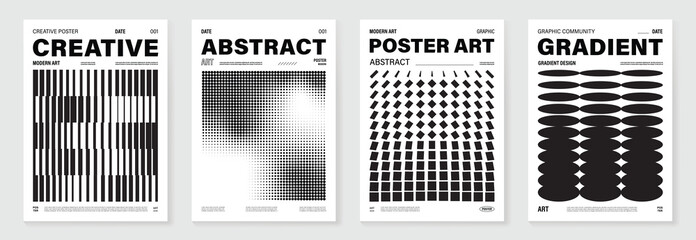 Aufkleber - Abstract monochrome poster background vector set. Modern cover template with black and white perspective geometric prism shape, halftone dot, line. Ideal design for social media, banner, ads. 
